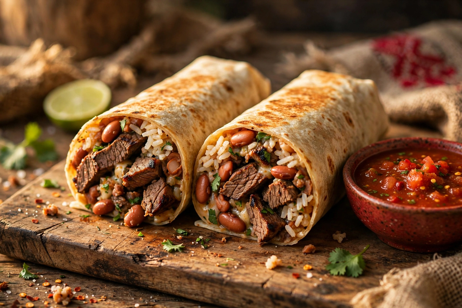 Carne asada burrito cut in half showing rice and beans
