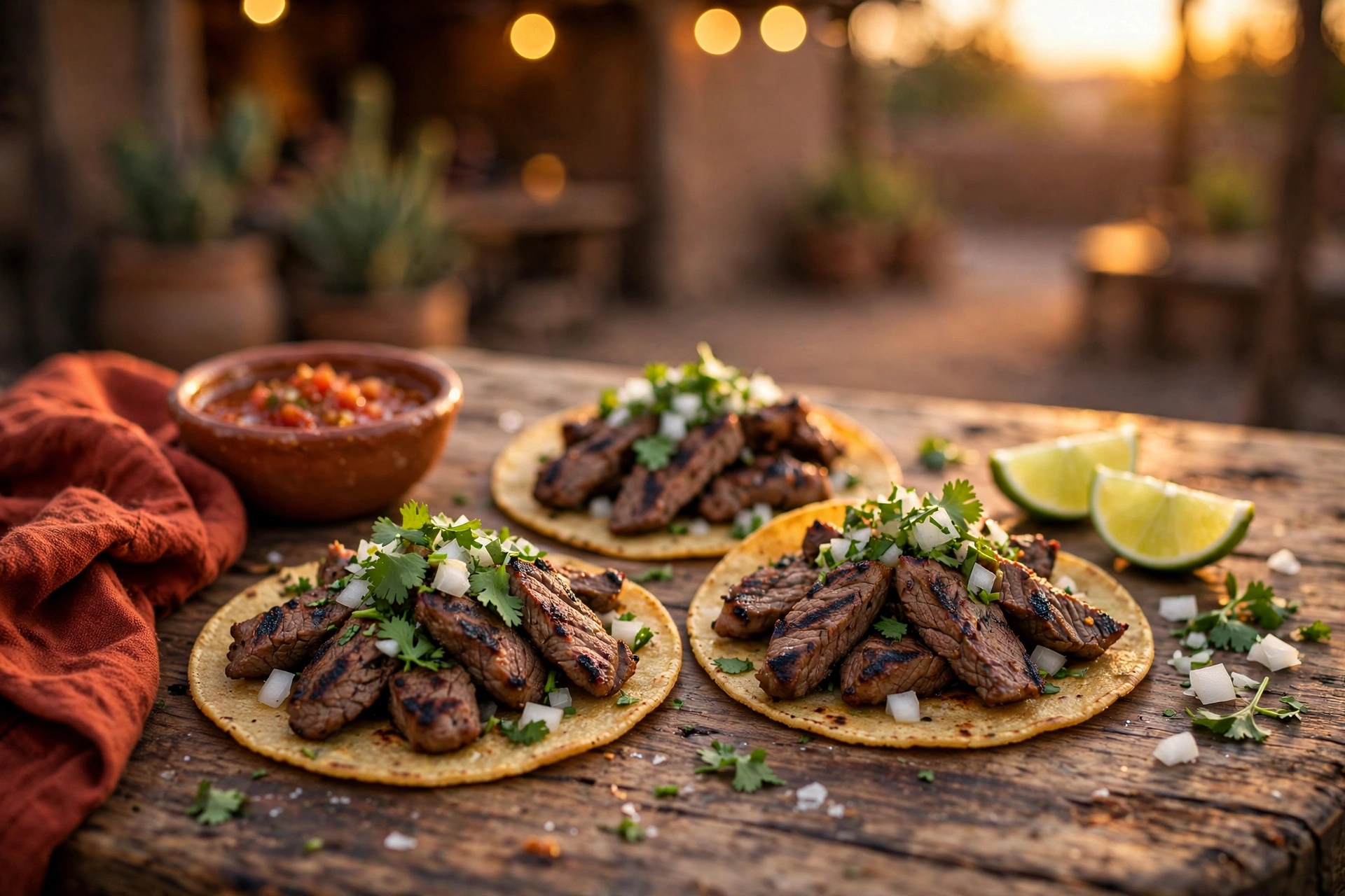 Carne asada street tacos with onion, cilantro and lime